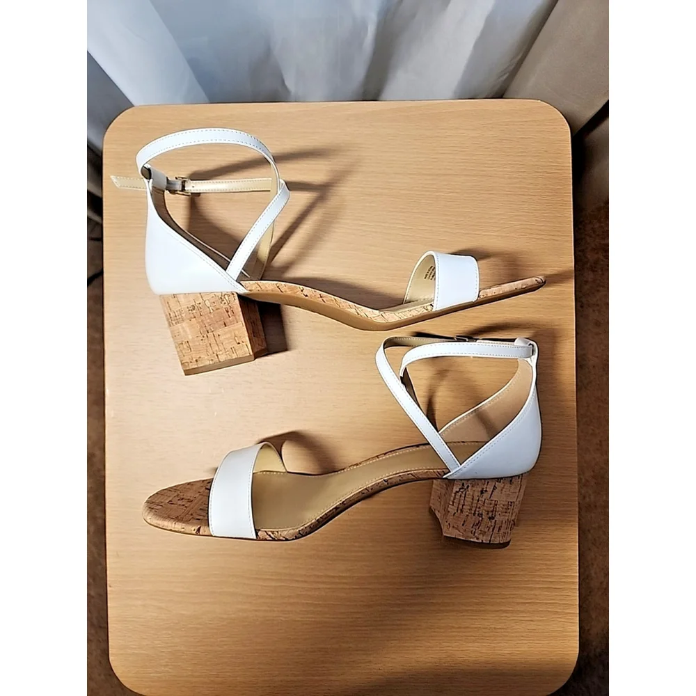 Michael Kors Women  Leather Ankle Strap Cork Block Heels 10 M - WHITE